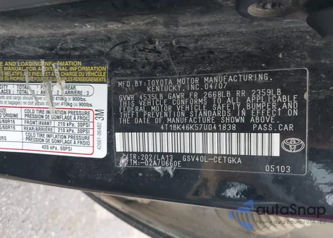 2007 Toyota Camry Xle V6 z USA, uszkodzony, nr VIN 4T1BK46K57U041838